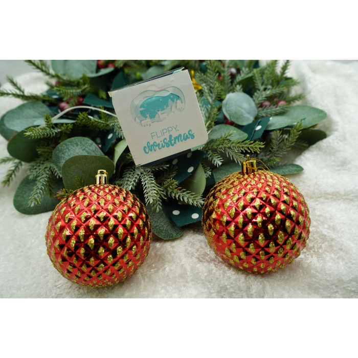 Set de 6 ornamente de brad, Flippy, de tip Glob, Rosu/ Auriu, cu ø de 8 cm, din plastic, cu finisaj sclipitor , cutie  24  cm inaltime x 16  cm lungime x 8  cm adancime [2]