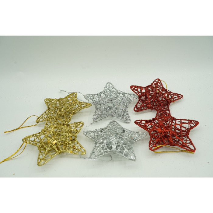 Set de 6 ornamente de brad, Flippy, de tip Stea, Multicolor, din metal, cu finisaj sclipitor , cutie  3  cm adancime x 27  cm lungime x 8  cm inaltime [1]