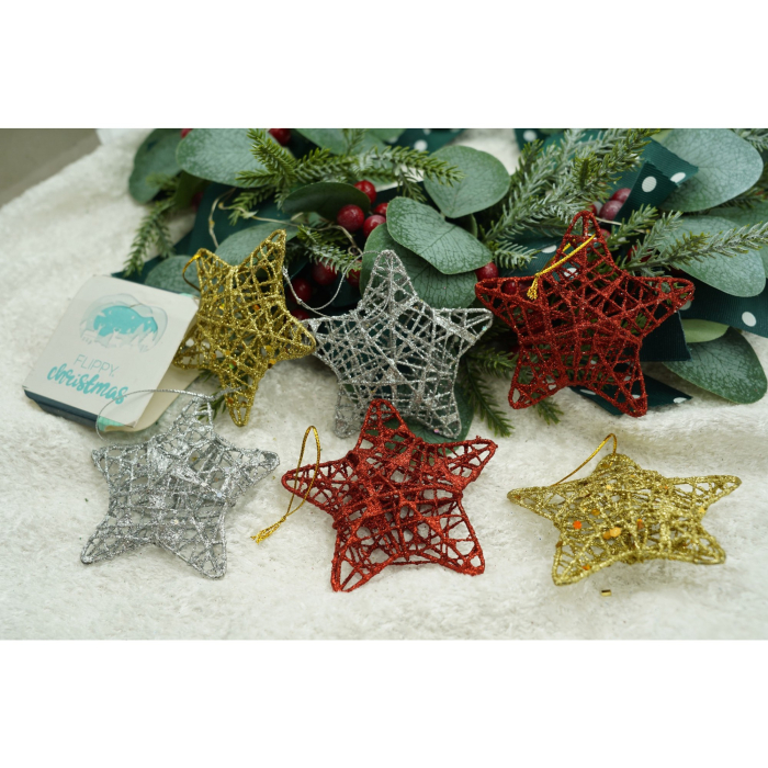 Set de 6 ornamente de brad, Flippy, de tip Stea, Multicolor, din metal, cu finisaj sclipitor , cutie  3  cm adancime x 27  cm lungime x 8  cm inaltime [2]