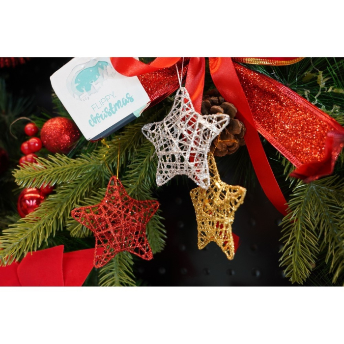 Set de 6 ornamente de brad, Flippy, de tip Stea, Multicolor, din metal, cu finisaj sclipitor , cutie  3  cm adancime x 27  cm lungime x 8  cm inaltime [12]