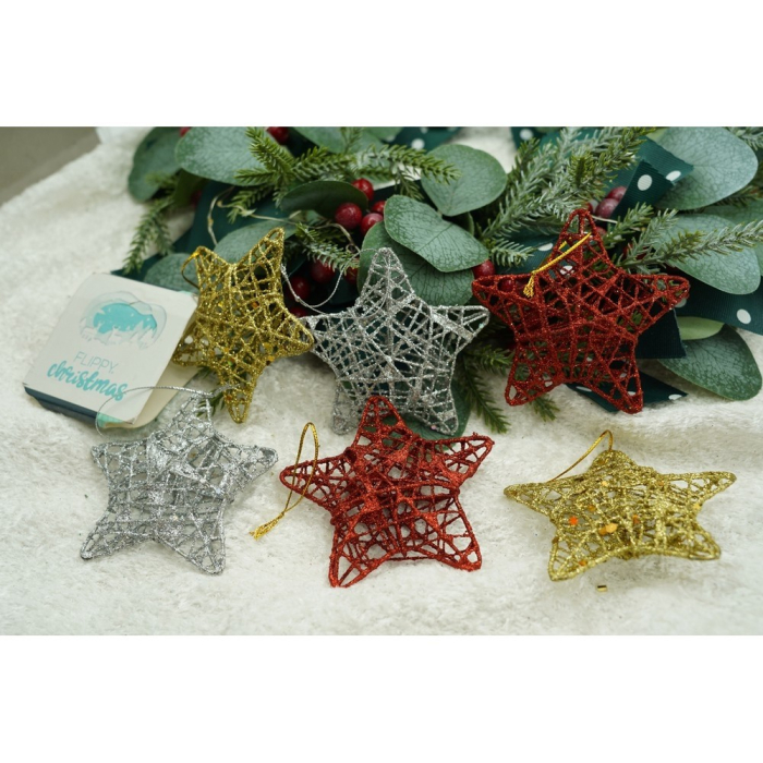 Set de 6 ornamente de brad, Flippy, de tip Stea, Multicolor, din metal, cu finisaj sclipitor , cutie  3  cm adancime x 27  cm lungime x 8  cm inaltime [10]