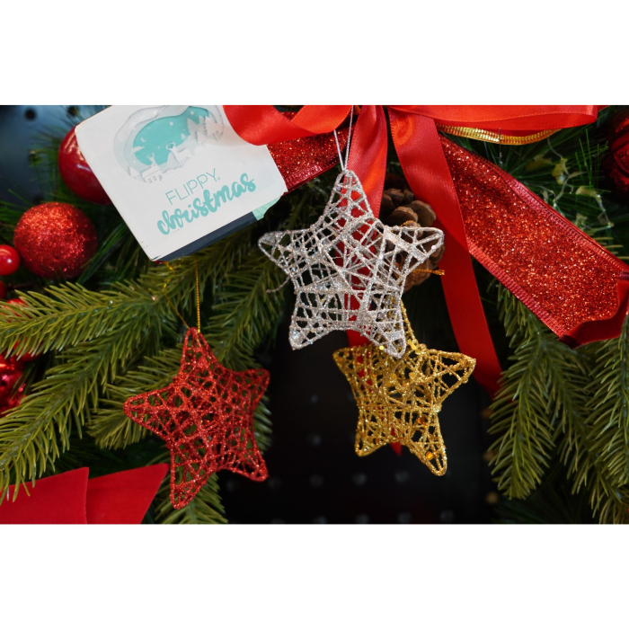 Set de 6 ornamente de brad, Flippy, de tip Stea, Multicolor, din metal, cu finisaj sclipitor , cutie  3  cm adancime x 27  cm lungime x 8  cm inaltime [3]