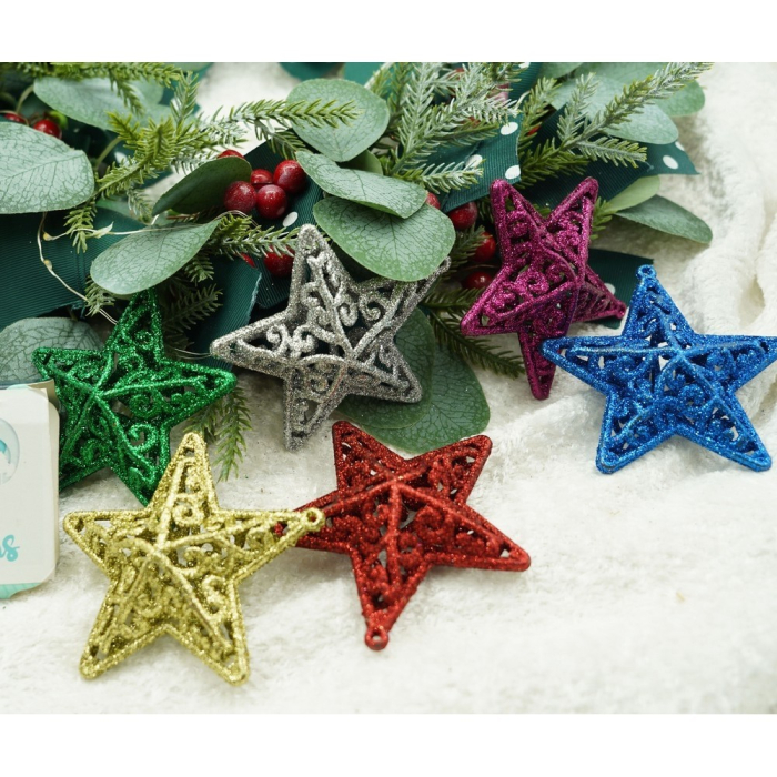 Set de 6 ornamente de brad, Flippy, de tip Stea, Multicolor, din plastic, cu finisaj sclipitor , cutie  3  cm adancime x 31  cm lungime x 9  cm inaltime [13]