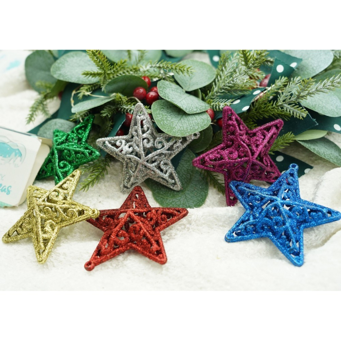 Set de 6 ornamente de brad, Flippy, de tip Stea, Multicolor, din plastic, cu finisaj sclipitor , cutie  3  cm adancime x 31  cm lungime x 9  cm inaltime [12]