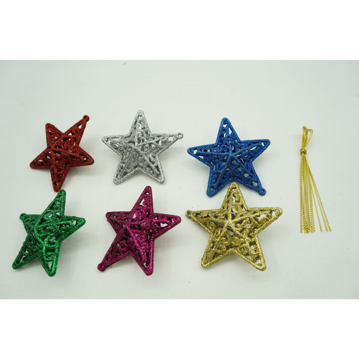 Set de 6 ornamente de brad, Flippy, de tip Stea, Multicolor, din plastic, cu finisaj sclipitor , cutie  3  cm adancime x 31  cm lungime x 9  cm inaltime [4]