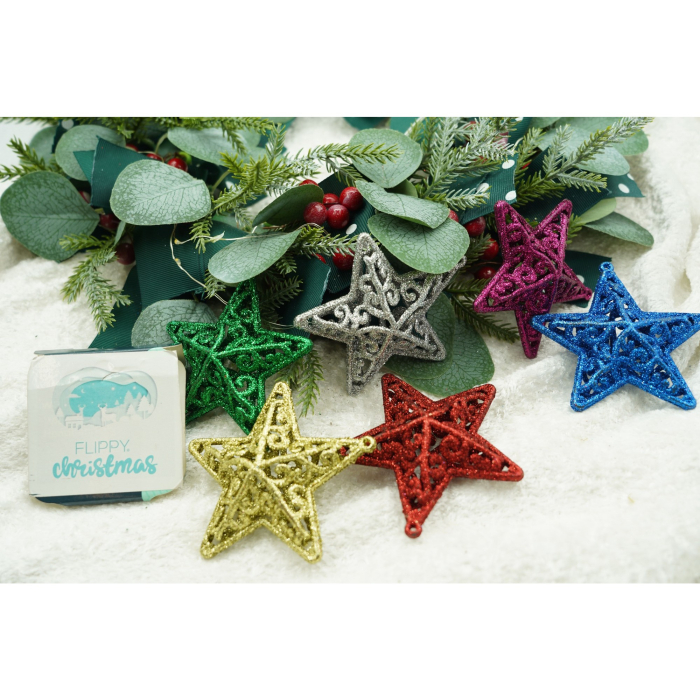 Set de 6 ornamente de brad, Flippy, de tip Stea, Multicolor, din plastic, cu finisaj sclipitor , cutie  3  cm adancime x 31  cm lungime x 9  cm inaltime [8]