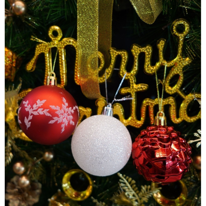 Set de 7 ornamente de brad, Flippy, de tip Glob, Alb/Rosu, cu ø de 6 cm, din plastic, cu finisaj sclipitor , cutie  6  cm lungime x 40  cm inaltime x 6  cm adancime [8]