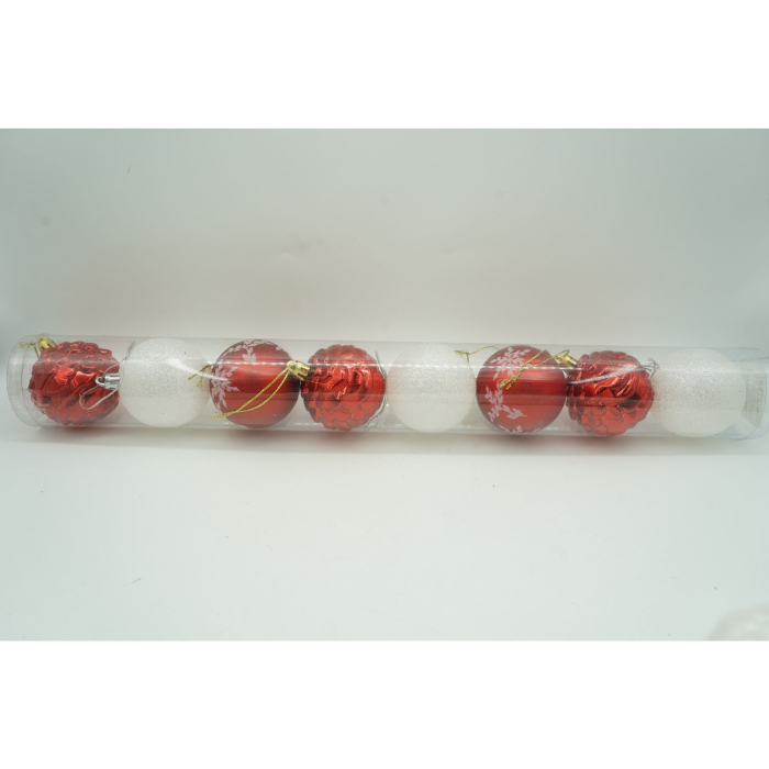 Set de 7 ornamente de brad, Flippy, de tip Glob, Alb/Rosu, cu ø de 6 cm, din plastic, cu finisaj sclipitor , cutie  6  cm lungime x 40  cm inaltime x 6  cm adancime [4]