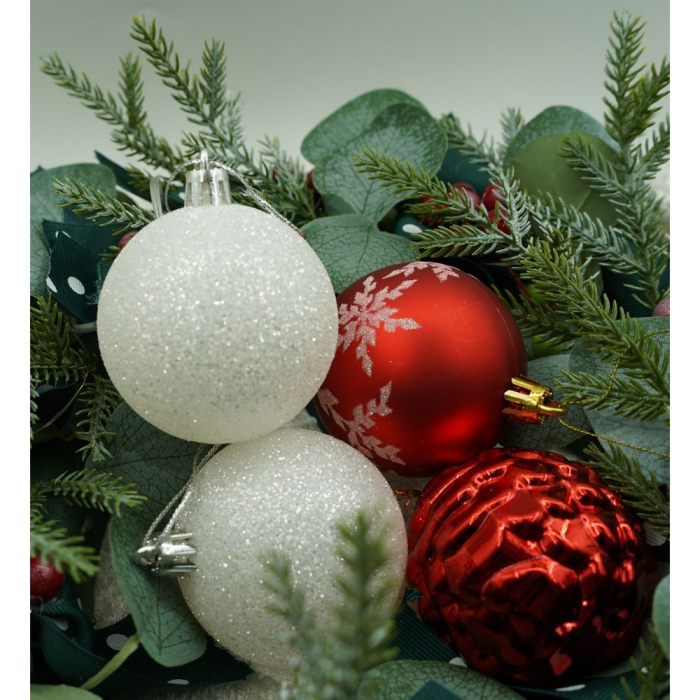 Set de 7 ornamente de brad, Flippy, de tip Glob, Alb/Rosu, cu ø de 6 cm, din plastic, cu finisaj sclipitor , cutie  6  cm lungime x 40  cm inaltime x 6  cm adancime [7]