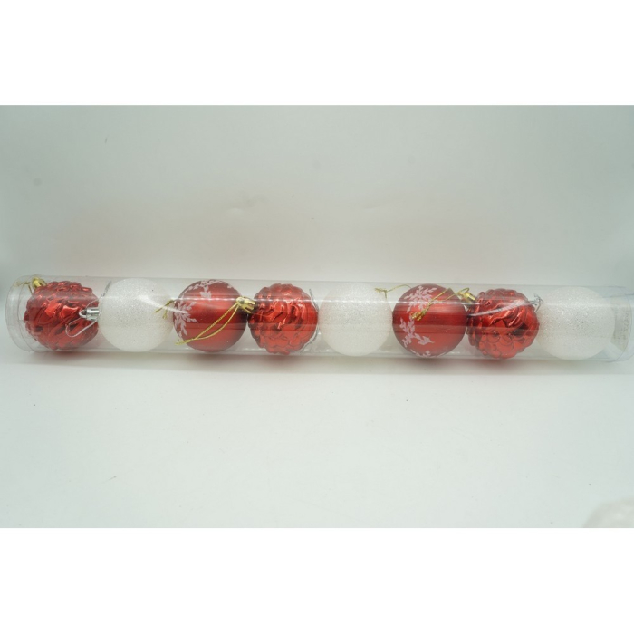Set de 7 ornamente de brad, Flippy, de tip Glob, Alb/Rosu, cu ø de 6 cm, din plastic, cu finisaj sclipitor , cutie  6  cm lungime x 40  cm inaltime x 6  cm adancime [9]