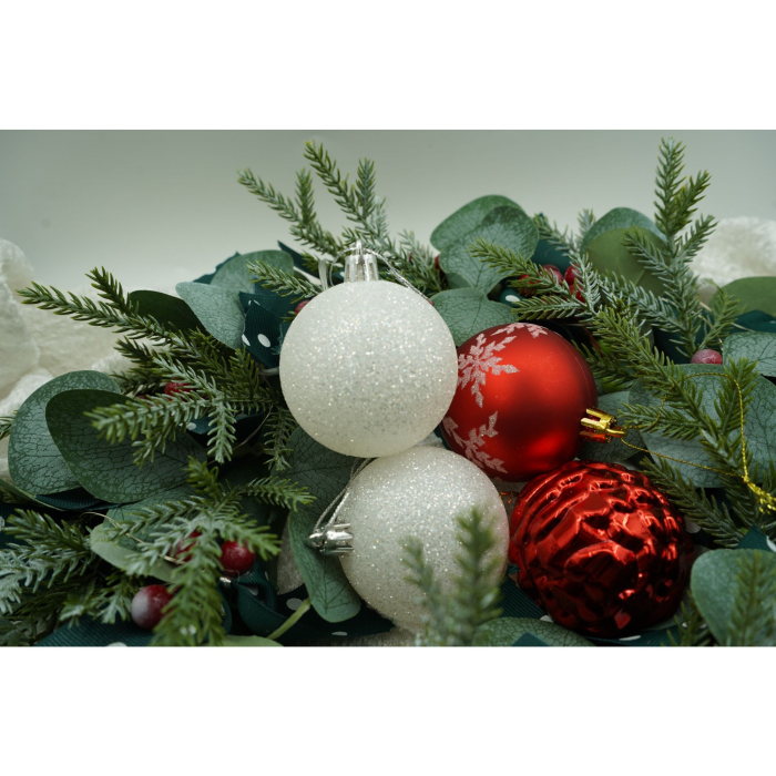 Set de 7 ornamente de brad, Flippy, de tip Glob, Alb/Rosu, cu ø de 6 cm, din plastic, cu finisaj sclipitor , cutie  6  cm lungime x 40  cm inaltime x 6  cm adancime [2]