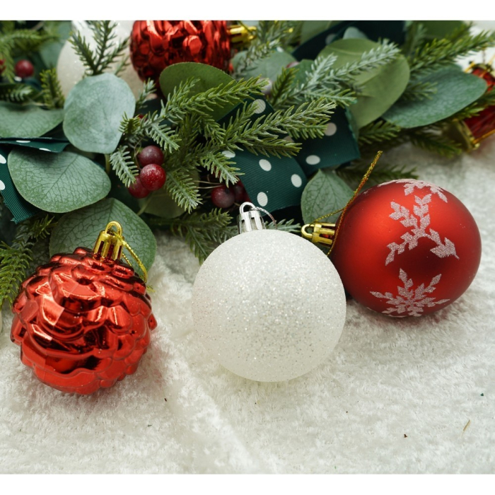 Set de 7 ornamente de brad, Flippy, de tip Glob, Alb/Rosu, cu ø de 6 cm, din plastic, cu finisaj sclipitor , cutie  6  cm lungime x 40  cm inaltime x 6  cm adancime [6]