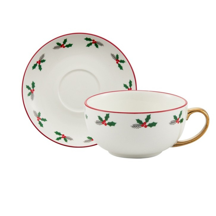 Set de Ceai, Flippy, Tema Craciun, Ceainic 420 ml, Cana 310 ml, Farfurie, din Portelan, Model Happy Christmas, Rosu [2]