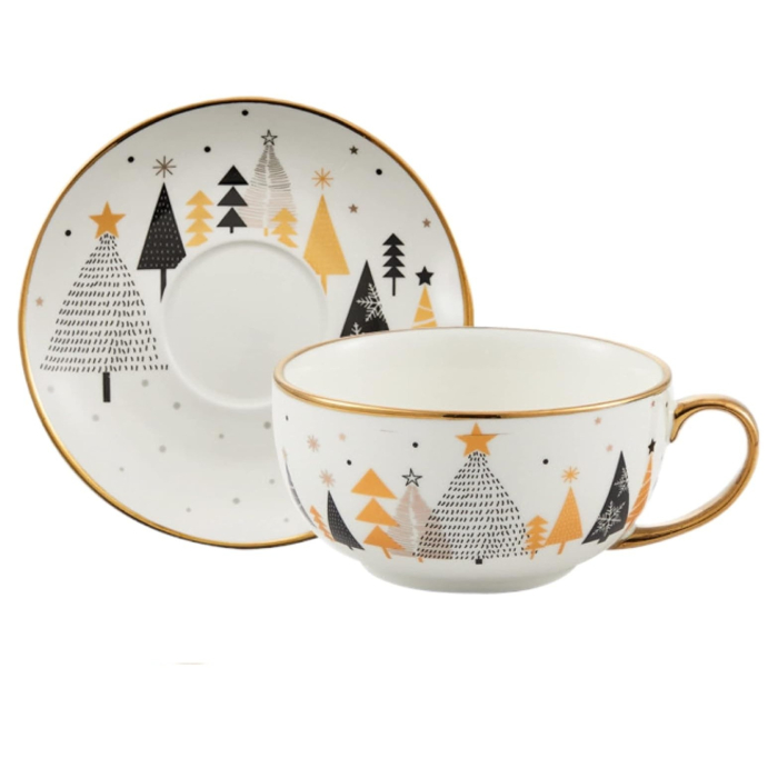 Set de Ceai, Flippy, Tema Craciun, Ceainic 420 ml, Cana 310 ml, Farfurie, din Portelan, Model Joy, Alb [3]