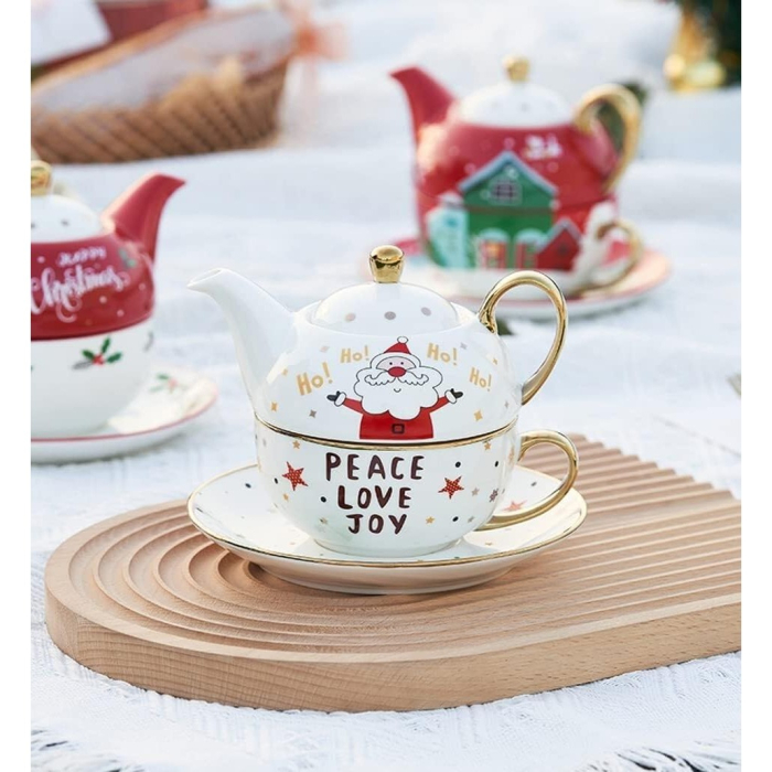 Set de Ceai, Flippy, Tema Craciun, Ceainic 420 ml, Cana 310 ml, Farfurie, din Portelan, Model Mos Craciun, Alb [3]
