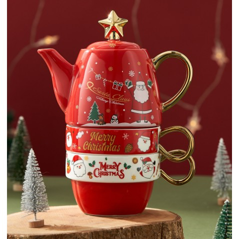 Set de Ceai, Flippy, Tema Craciun, Ceainic 450 ml, 2 Cani 250 ml, Model Mos Craciun, Rosu [2]