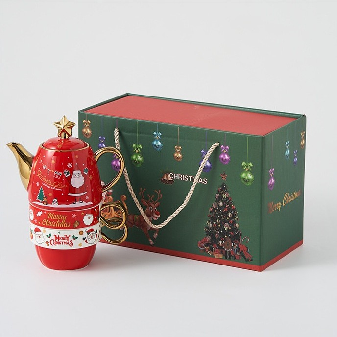 Set de Ceai, Flippy, Tema Craciun, Ceainic 450 ml, 2 x Cani 250 ml, din Ceramica, Model Mos Craciun/Santa Claus, Alb/Rosu [3]