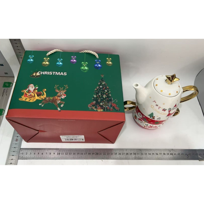 Set de Ceai, Flippy, Tema Craciun, Ceainic 450 ml, 2 x Cani 250 ml, din Ceramica, Model Mos Craciun/Santa Claus, Alb/Rosu [5]