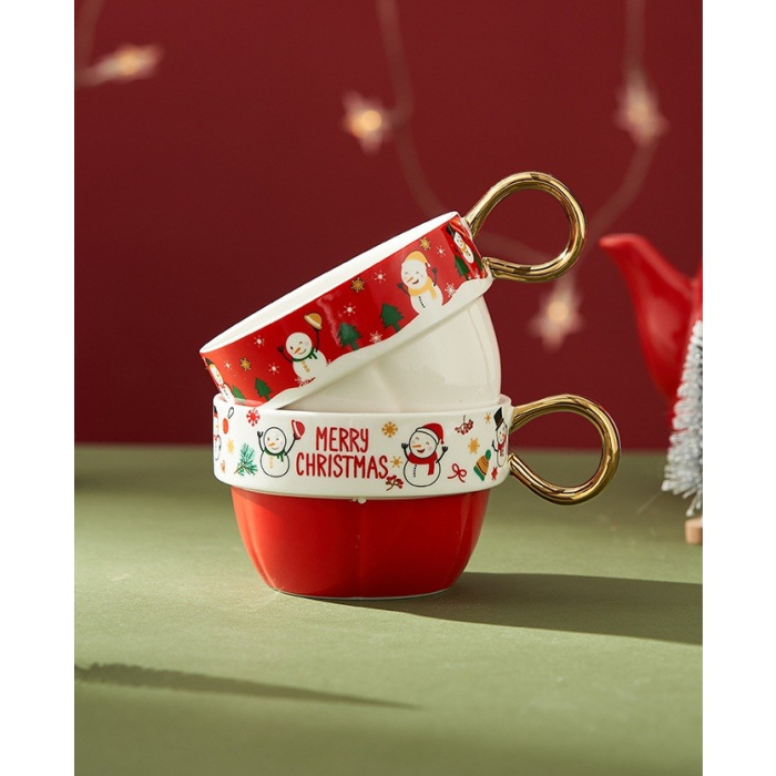 Set de Ceai, Flippy, Tema Craciun, Ceainic 450 ml, 2 x Cani 250 ml, din Ceramica, Model Om de Zapada, Alb/Rosu [2]