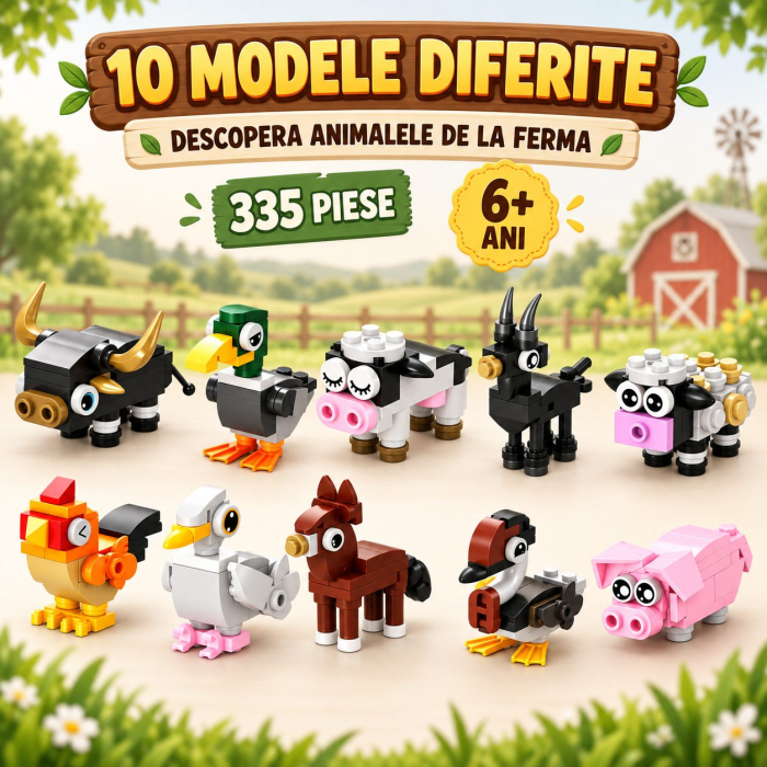 Set de Constructie, Flippy, Animale de Ferma 10 in 1, 335 Piese, 10 Modele, 6+, 23x14.5x7.5 cm, Multicolor [9]