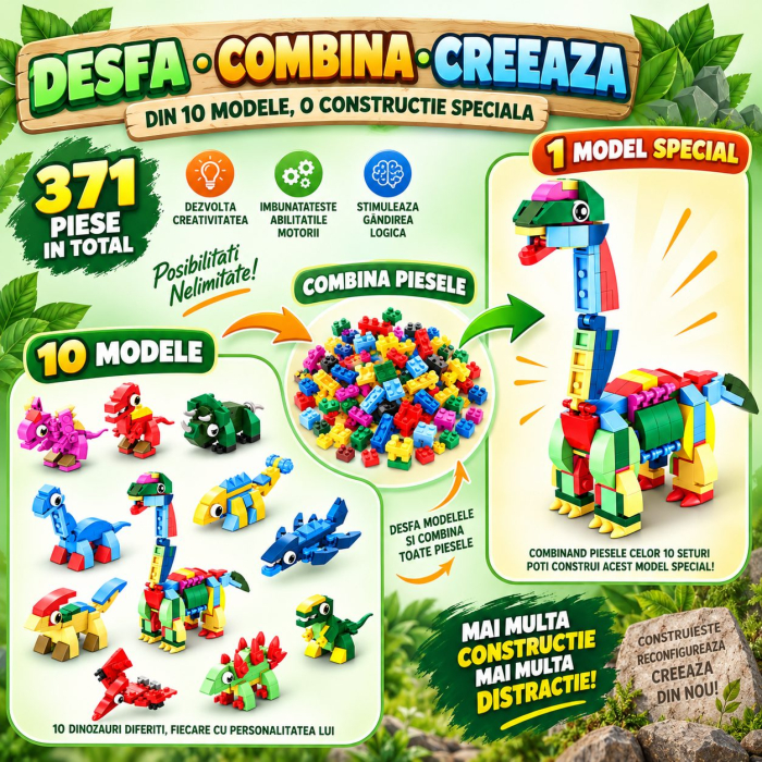 Set de Constructie, Flippy, Dinozauri 10 in 1, 371 Piese, 10 Modele de Dinozauri, Varsta 6+ Ani, 20.5 x 4.5 x 13 cm, Multicolor [11]