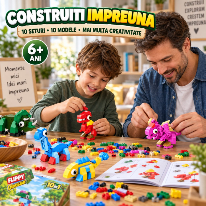 Set de Constructie, Flippy, Dinozauri 10 in 1, 371 Piese, 10 Modele de Dinozauri, Varsta 6+ Ani, 20.5 x 4.5 x 13 cm, Multicolor [10]