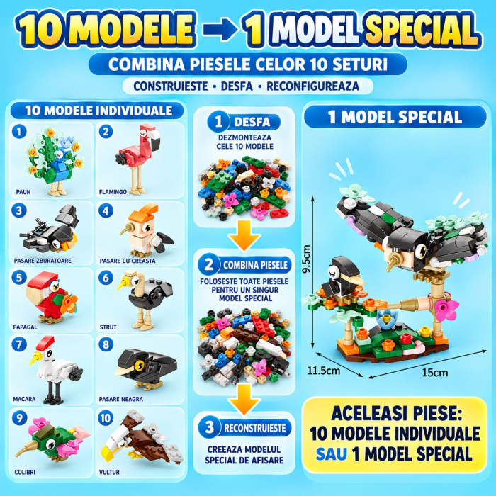 Set de Constructie, Flippy, Model Pasari 10 in 1, 309 Piese, 10 Modele, 6+, 15x11.5x9.5 cm, Multicolor [11]