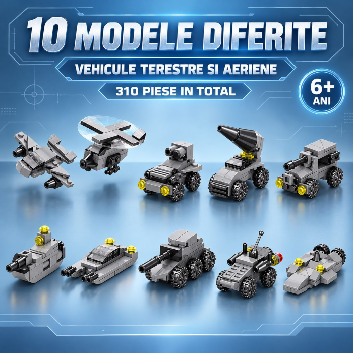 Set de Constructie, Flippy, Vehicule Militare 10 in 1, 310 Piese, 10 Modele, Varsta 6+ Ani, 20 x 12.8 x 9 cm, Multicolor [10]