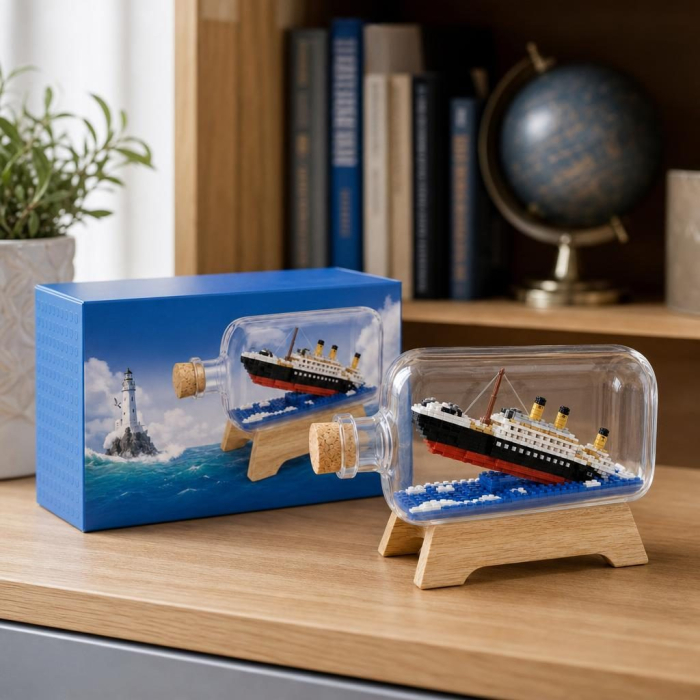 Set de Construit in Sticla cu Suport din Lemn, Flippy, din Plastic, Model Barca, Joc de Asamblare cu Sticla Decorativa si Suport, Varsta 14 Ani+, Dimensiune 20.2x13x22.3 cm, Multicolor [2]