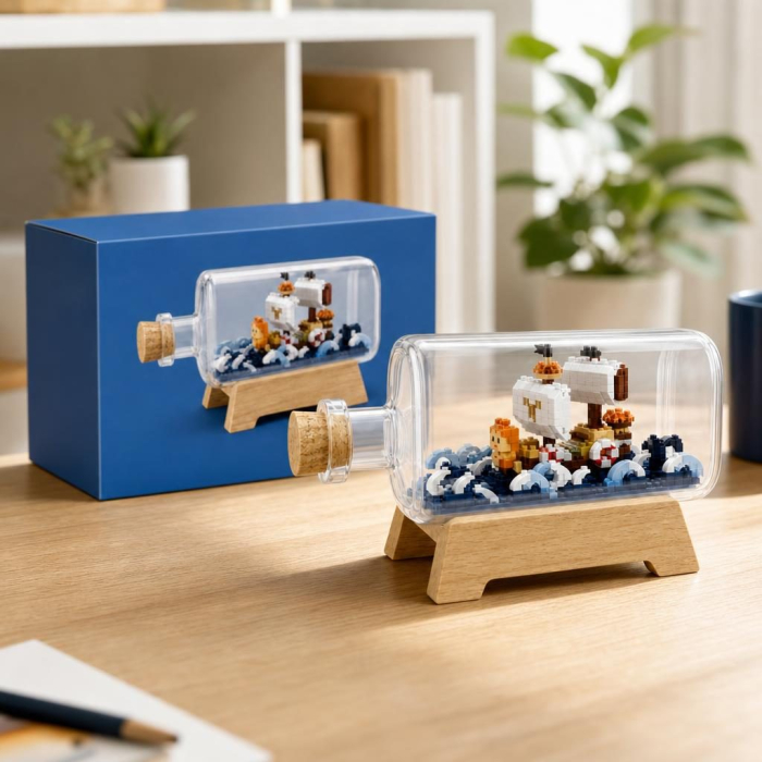 Set de Construit in Sticla cu Suport din Lemn, Flippy, Model Corabie, Jucarie Tip Blocuri din Plastic, Decoratiune DIY pentru Asamblare, Dimensiune 20.2 x 13 x 22.3 cm, Varsta 14 Ani+, Multicolor [4]
