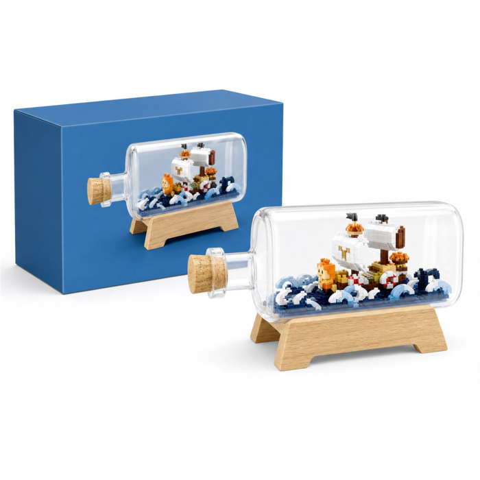 Set de Construit in Sticla cu Suport din Lemn, Flippy, Model Corabie, Jucarie Tip Blocuri din Plastic, Decoratiune DIY pentru Asamblare, Dimensiune 20.2 x 13 x 22.3 cm, Varsta 14 Ani+, Multicolor [1]