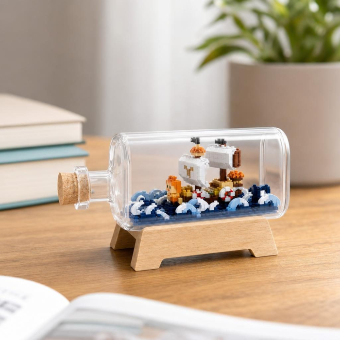 Set de Construit in Sticla cu Suport din Lemn, Flippy, Model Corabie, Jucarie Tip Blocuri din Plastic, Decoratiune DIY pentru Asamblare, Dimensiune 20.2 x 13 x 22.3 cm, Varsta 14 Ani+, Multicolor [2]