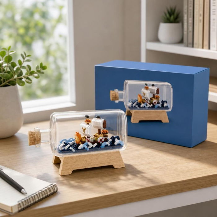 Set de Construit in Sticla cu Suport din Lemn, Flippy, Model Corabie, Jucarie Tip Blocuri din Plastic, Decoratiune DIY pentru Asamblare, Dimensiune 20.2 x 13 x 22.3 cm, Varsta 14 Ani+, Multicolor [3]