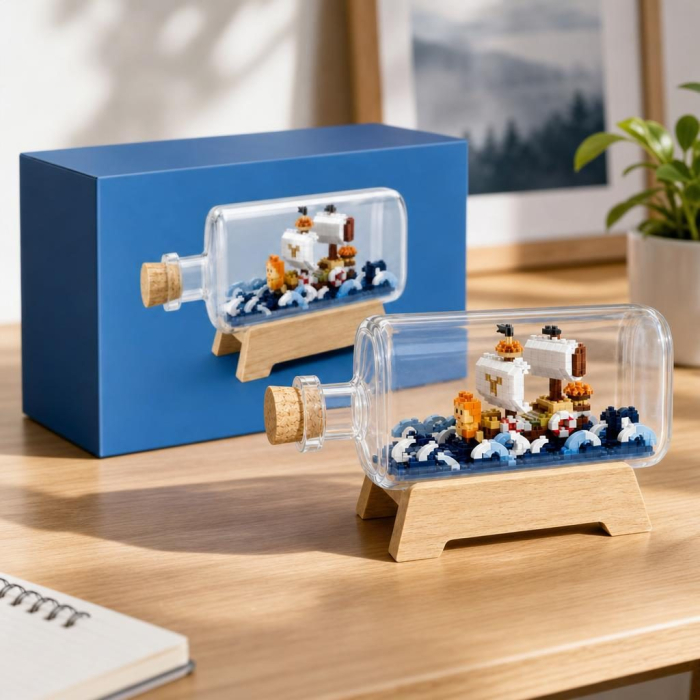 Set de Construit in Sticla cu Suport din Lemn, Flippy, Model Corabie, Jucarie Tip Blocuri din Plastic, Decoratiune DIY pentru Asamblare, Dimensiune 20.2 x 13 x 22.3 cm, Varsta 14 Ani+, Multicolor [5]