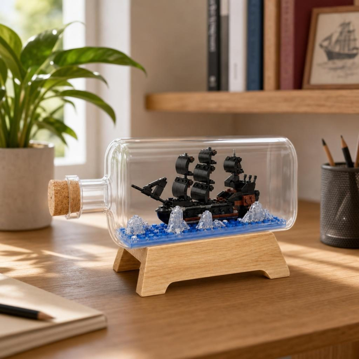 Set de Construit in Sticla cu Suport din Lemn, Flippy, Model Corabie Pirati, Jucarie Tip Blocuri din Plastic, Decoratiune DIY pentru Asamblare, Dimensiune 20.2 x 13 x 22.3 cm, Varsta 14 Ani+, Multicol [5]