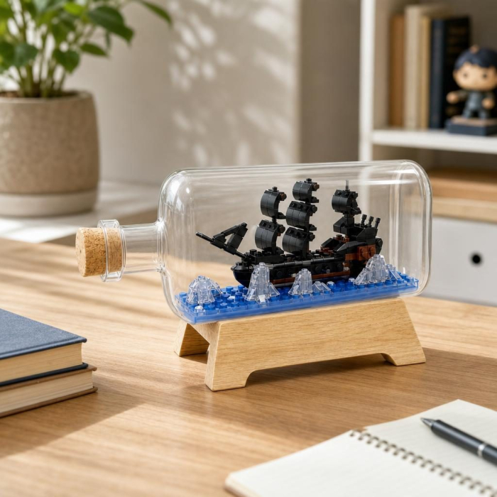 Set de Construit in Sticla cu Suport din Lemn, Flippy, Model Corabie Pirati, Jucarie Tip Blocuri din Plastic, Decoratiune DIY pentru Asamblare, Dimensiune 20.2 x 13 x 22.3 cm, Varsta 14 Ani+, Multicol [3]
