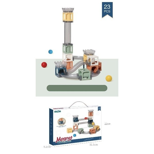 Set piese magnetice de constructie, Flippy, Cu tobogane si bile, 23 piese, Multicolor [2]