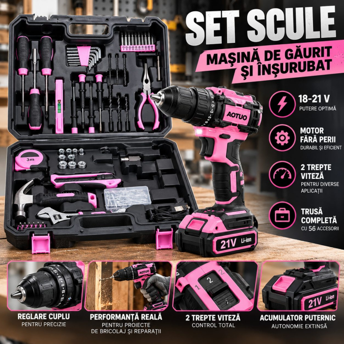 Set Scule, Flippy, Masina De Gaurit Si Insurubat, 18-21 V, Motor Fara Perii, 2 Trepte Viteza, 27 x 27 x 9 cm, Multicolor [2]