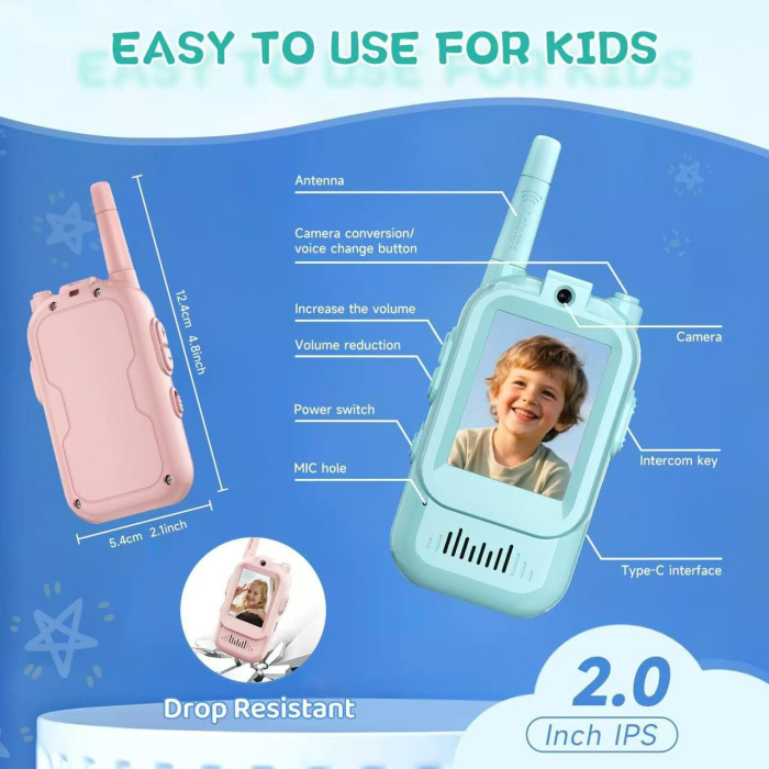 Set Walkie Talkie WiFi pentru Copii, Flippy, Set 2 Statii, Apeluri Video, cu Ecran de 2", Efecte Voce, Reincarcabile, Cabluri TYPE-C, Raza pana la 500 m, 12 x 5 x 2 cm, Roz/Albastru [3]