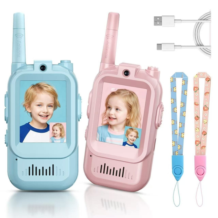 Set Walkie Talkie WiFi pentru Copii, Flippy, Set 2 Statii, Apeluri Video, cu Ecran de 2", Efecte Voce, Reincarcabile, Cabluri TYPE-C, Raza pana la 500 m, 12 x 5 x 2 cm, Roz/Albastru [5]