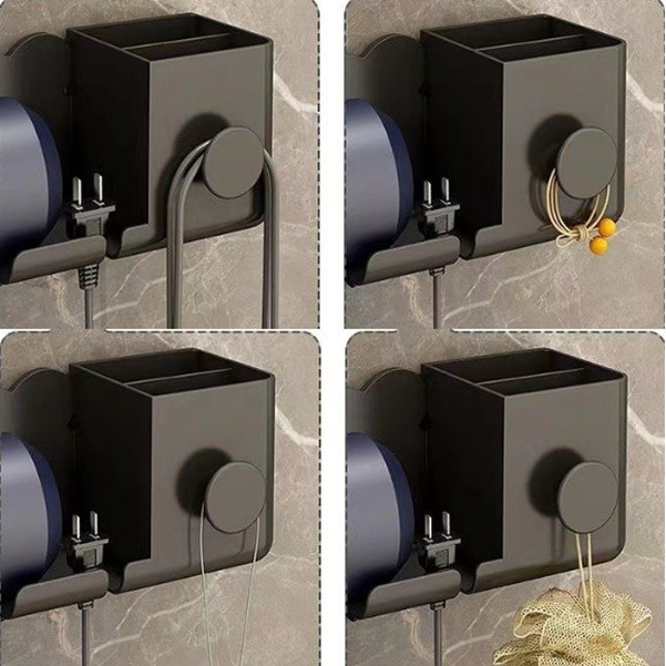 Suport de Baie , pentru Uscator de Par, cu Organizator Dublu, din Plastic, Aplicare cu Suport Adeziv, 23 x 8.8 x 9.5 cm, Negru [3]