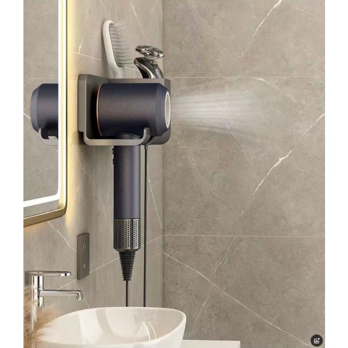 Suport de Baie , pentru Uscator de Par, cu Organizator Dublu, din Plastic, Aplicare cu Suport Adeziv, 23 x 8.8 x 9.5 cm, Negru [5]