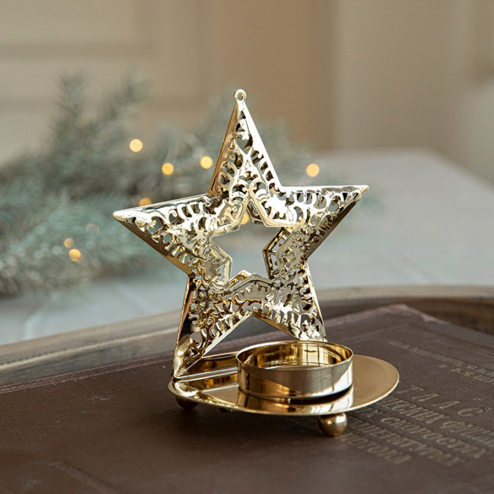 Suport Decorativ pentru Lumanare de Craciun, Flippy, Model Stea Aurie din Art Metal, pentru Masa fara Agatare, 12 x 11 x 7.2 cm, Auriu [2]