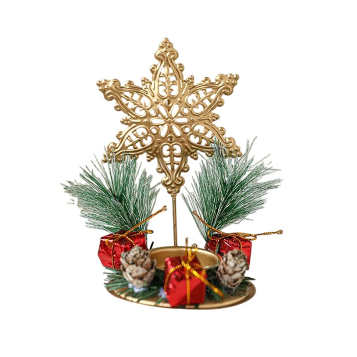 Suport Decorativ pentru Lumanare de Craciun, Flippy, Ornament pentru Lumanare pe Masa, Model Fulg de Nea si Crengute de Brad, din Art Metal, fara Lumanare 13 x 8.3 cm, Auriu [2]