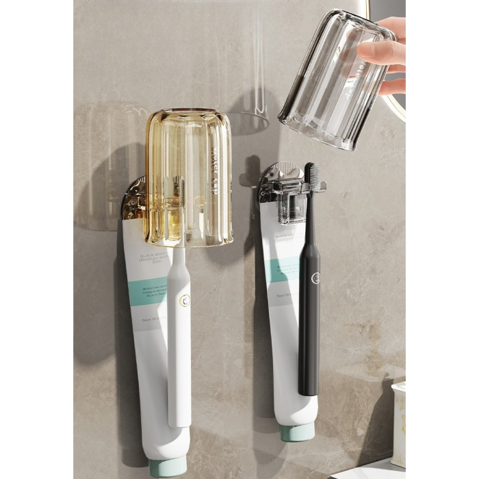 Suport Multifunctional 2 in 1, Pahar si Suport pentru Periuta de Dinti , Plastic, Dimensiune: 10.4 x 7.3 x 7.3 cm, Roz [3]