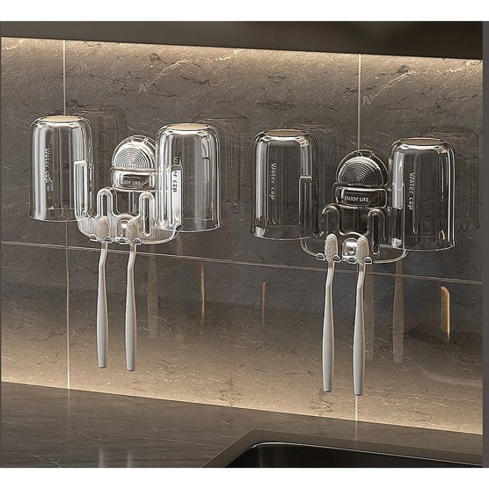 Suport Multifunctional Dublu, Pahar si Suport pentru Periuta de Dinti , Plastic, 11 cm x 11.5 cm, Gri [3]