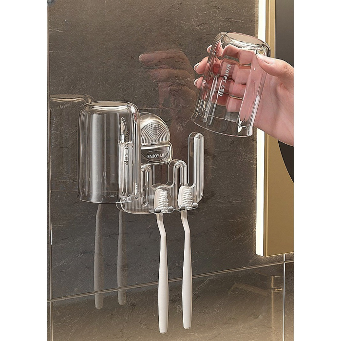 Suport Multifunctional Dublu, Pahar si Suport pentru Periuta de Dinti , Plastic, 11 cm x 11.5 cm, Gri [4]