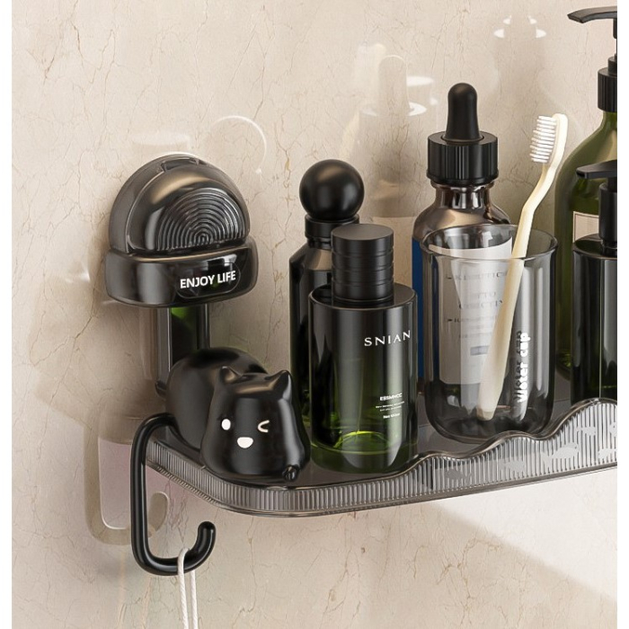 Suport pentru Baie , Montare pe Perete, Model Pisicute, ABS, Adeziv, Raft pentru Depozitare, 33.4x17.7 cm, Negru [10]