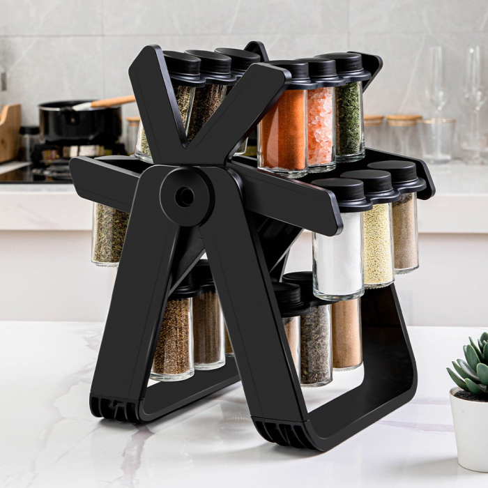Suport Pentru Condimente Rotativ, Flippy, Multifunctional, Pivotant 360°, Portabil, Usor de Montat, 34x23 cm, ABS/Sticla, Negru [8]