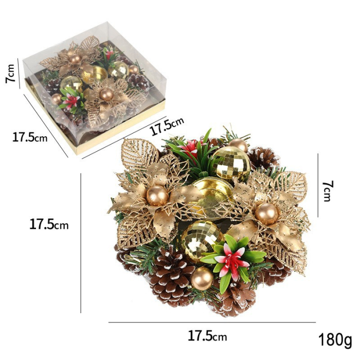 Suport pentru Lumanare de Craciun, Flippy, Model Cupa cu 2 Globutele Aurii si 2 Flori cu Conuri, Sfesnic de Tip Ghirlanda, Decoratiune pe Masa de Craciun, 17.5 x 17.5 x 7 cm, Auriu [1]